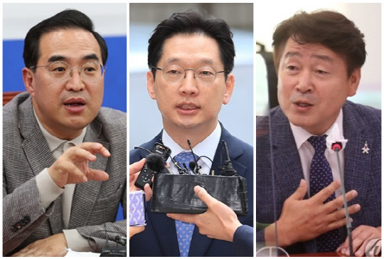 (왼쪽부터) 박홍근 더불어민주당 원내대표, 김경수 전 경남도지사, 기동민 민주당 의원. <연합뉴스>